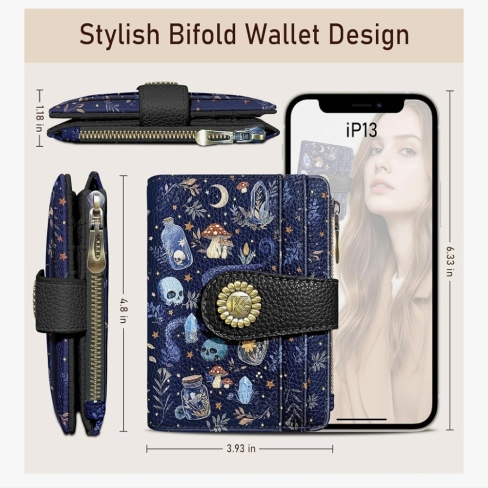 Blue and Black RFID-Blocking Wallet Skull Witch Potion